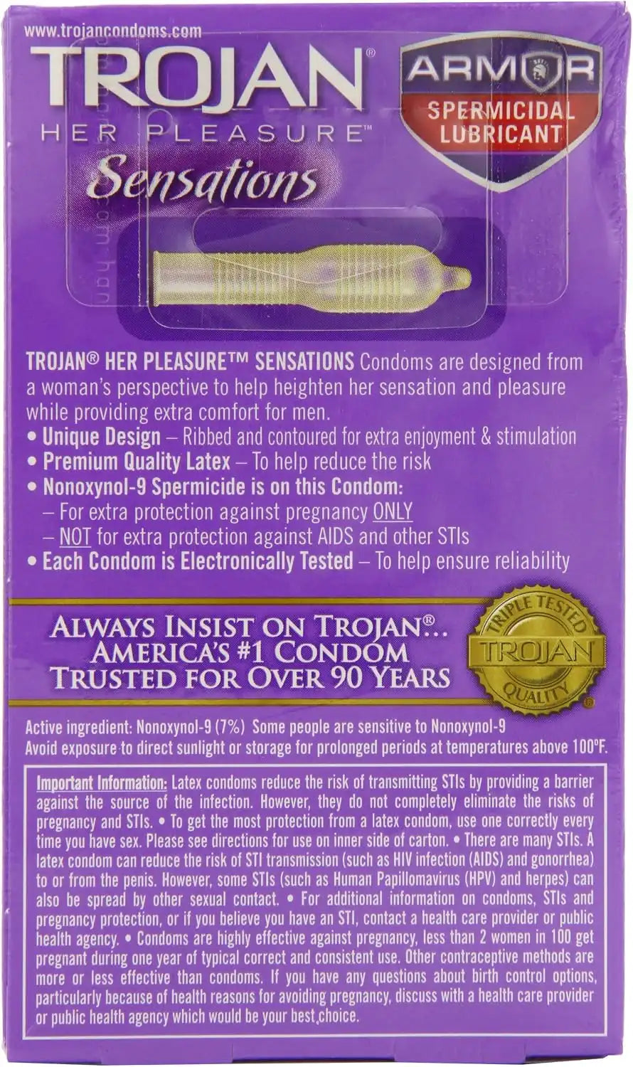 TROJAN Her Pleasure Sensations Condoms, Ribbed Condoms, Spermicidal Lubricated, 12ct (Pack of 4)