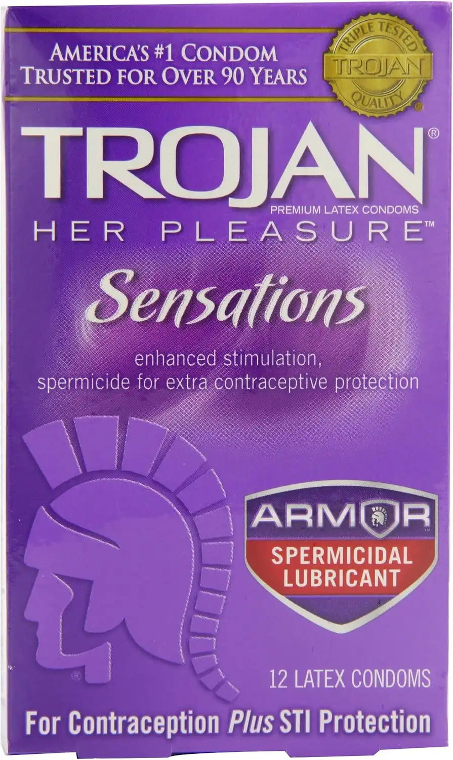 TROJAN Her Pleasure Sensations Condoms, Ribbed Condoms, Spermicidal Lubricated, 12ct (Pack of 4)