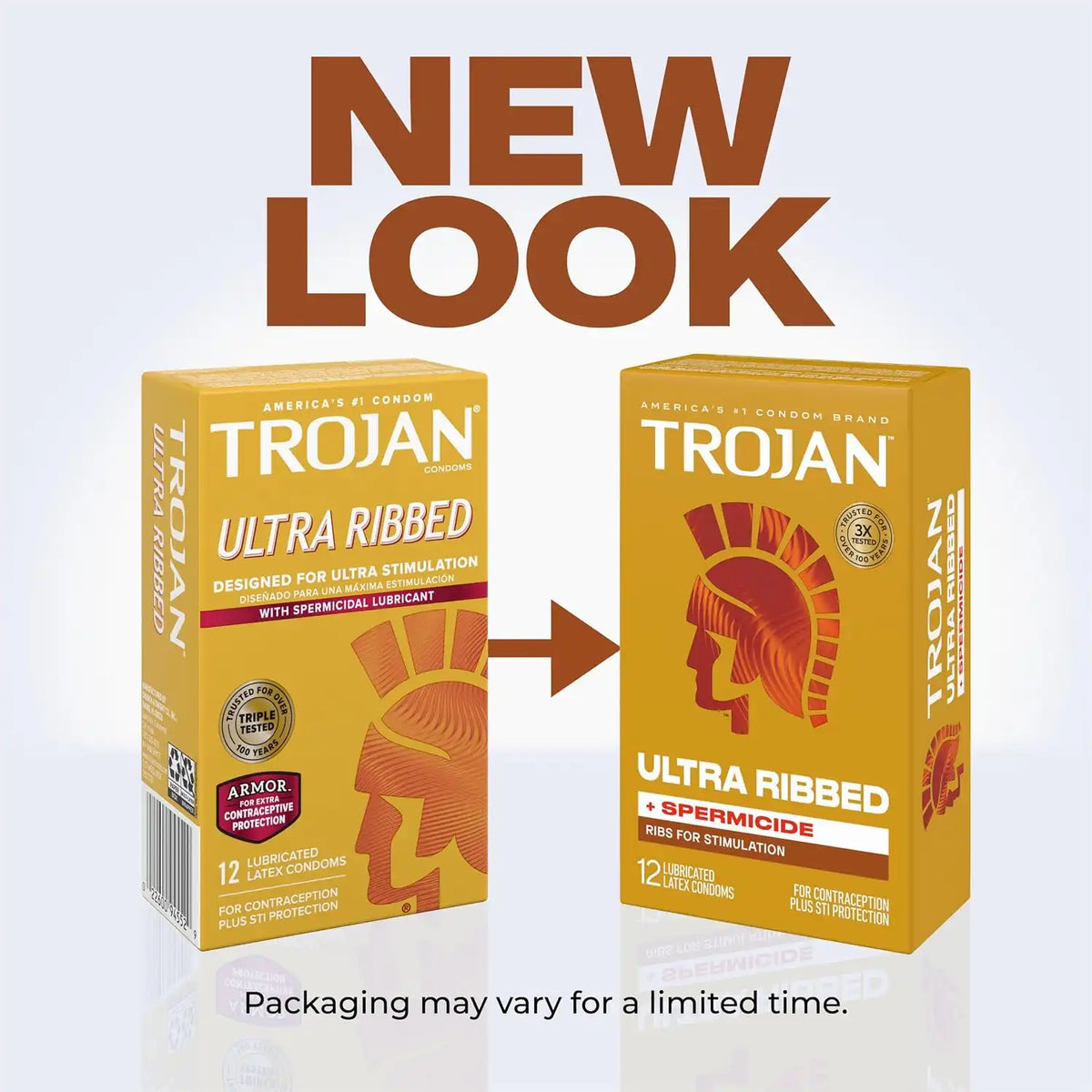 Trojan Ultra Ribbed Plus Spermicide Latex Lubricated Condoms, 12 Count