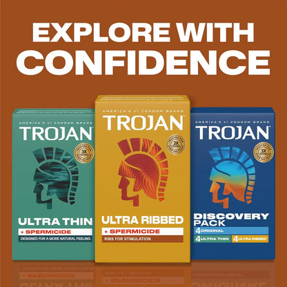 Trojan Ultra Ribbed Plus Spermicide Latex Lubricated Condoms, 12 Count