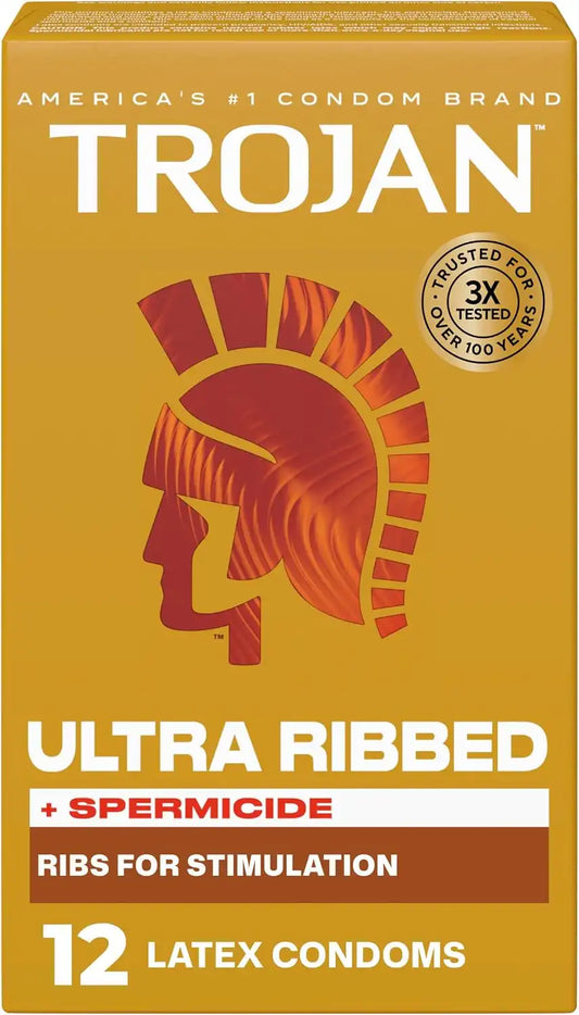Trojan Ultra Ribbed Plus Spermicide Latex Lubricated Condoms, 12 Count