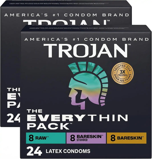 Trojan BareSkin Condoms, Everythin Variety Pack, Lubricated Latex BareSkin Thin Condom, 24 Count (Pack of 2)