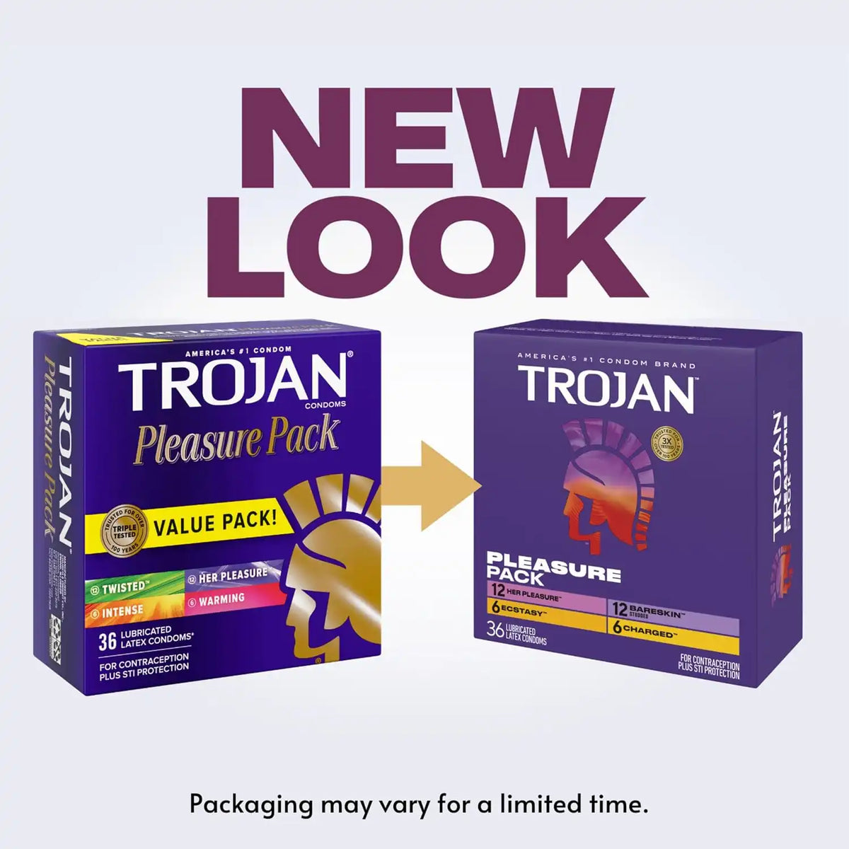Trojan Pleasure Pack, Assorted Latex Lubricated Condoms for Men, Her Pleasure, Bareskin Studded, Ecstasy & Charged Varieties, Condom Variety Pack 36 Count (Pack of 2)