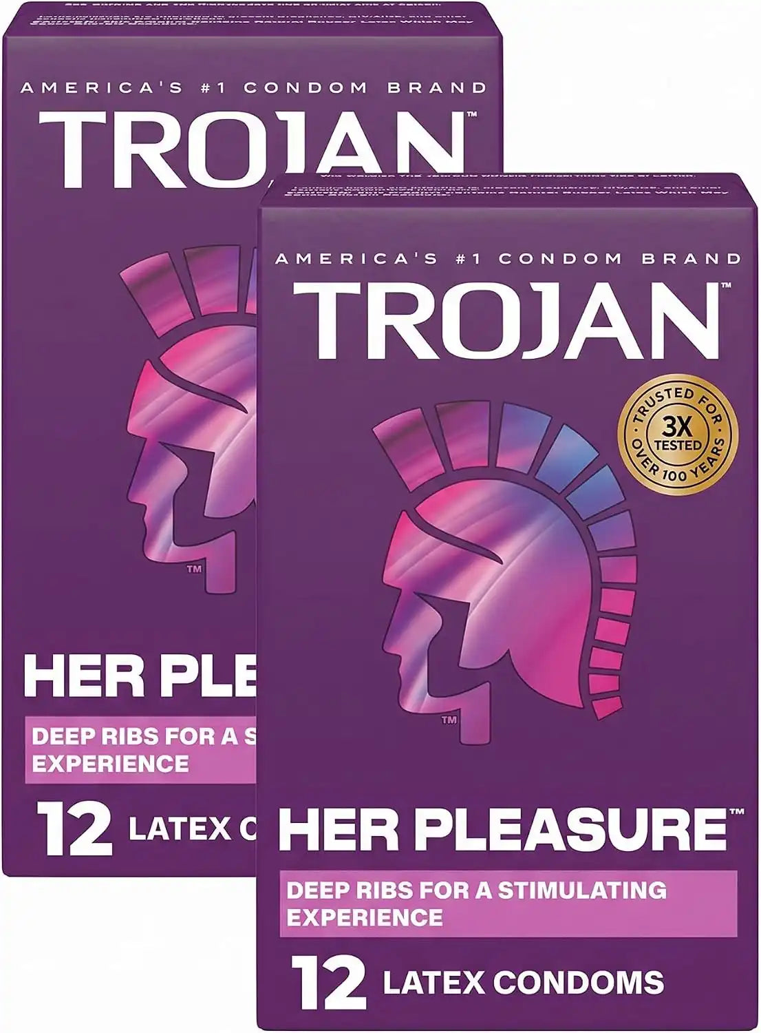 Trojan Her Pleasure Latex Lubricated Condoms, Ribbed for a Stimulating Experience, Bulbous Shape for a Roomier Fit, Helps Reduce Risk of Pregnancy and Sexually Transmitted Infections (STIs), 12 Count