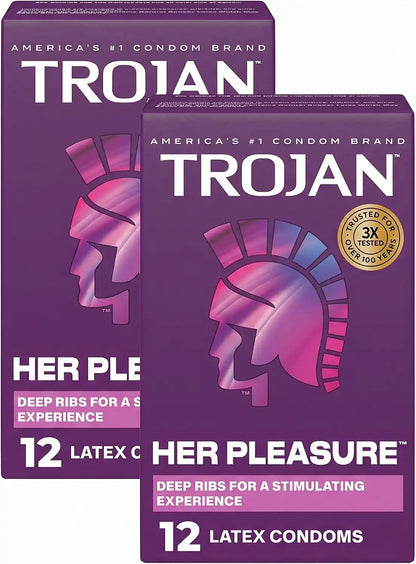 Trojan Her Pleasure Latex Lubricated Condoms, Ribbed for a Stimulating Experience, Bulbous Shape for a Roomier Fit, Helps Reduce Risk of Pregnancy and Sexually Transmitted Infections (STIs), 12 Count