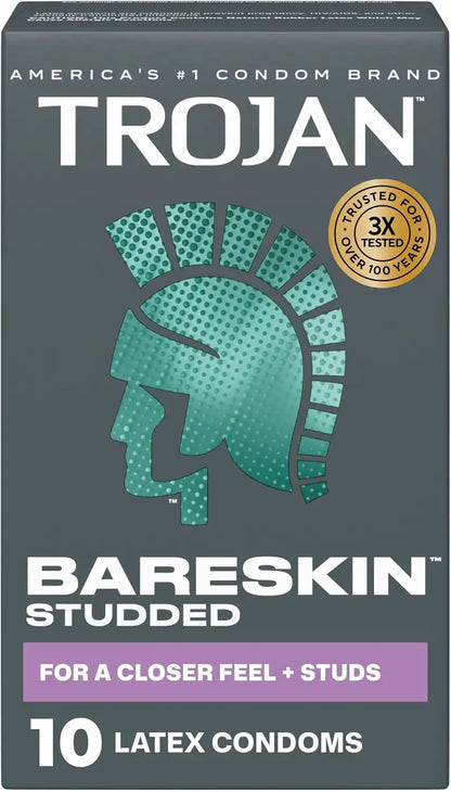 Trojan Bareskin Studded Latex Condoms for Men, 10 Count