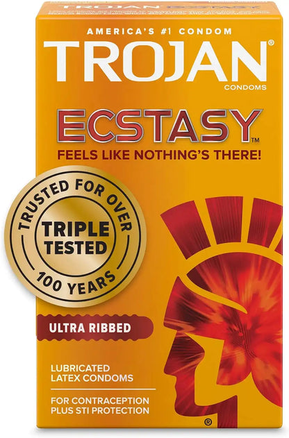 Trojan Ecstasy Lubricated Latex Condoms for Men,Premium Lubricant,Ribbed Texture,Bulbous Shape,Premium Latex to Help Reduce Risk of Pregnancy and Sexually Transmitted Infections,26 Count,(Pack of 2)