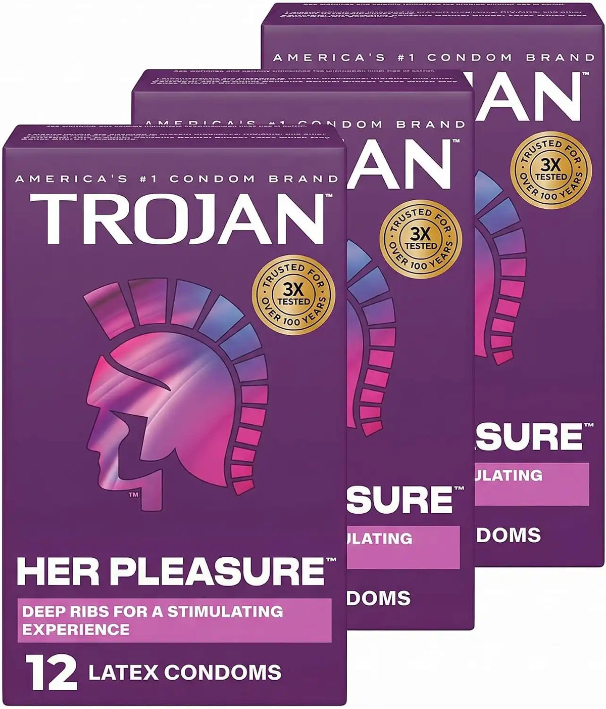 Trojan Her Pleasure Latex Lubricated Condoms, Ribbed for Stimulating Experience, Bulbous Shape for Roomier Fit,Helps Reduce Risk of Pregnancy Sexually Transmitted Infections (STIs),12 Count(Pack of 3)