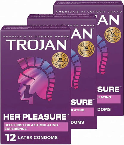 Trojan Her Pleasure Latex Lubricated Condoms, Ribbed for Stimulating Experience, Bulbous Shape for Roomier Fit,Helps Reduce Risk of Pregnancy Sexually Transmitted Infections (STIs),12 Count(Pack of 3)