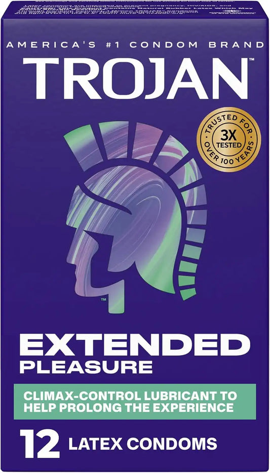 Trojan Extended Pleasure Lubricated Latex Condoms for Men, 12 Count