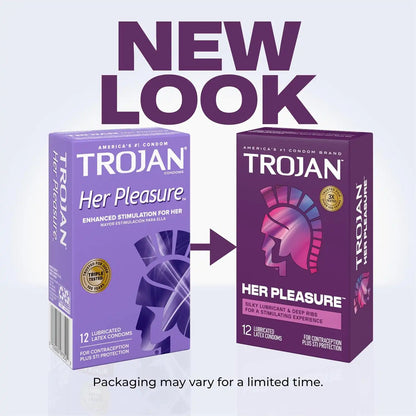 Trojan Her Pleasure Latex Lubricated Condoms, Ribbed for a Stimulating Experience, Bulbous Shape for a Roomier Fit, Helps Reduce Risk of Pregnancy and Sexually Transmitted Infections (STIs), 12 Count