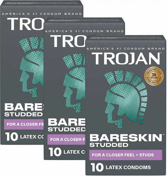Trojan Studded Bareskin Lubricated Condoms - 10 Count (Pack of 3)