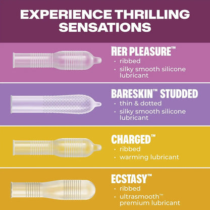 Trojan Pleasure Pack, Assorted Latex Lubricated Condoms for Men, Her Pleasure, Bareskin Studded, Ecstasy & Charged Varieties, 12 Count (Pack of 2)