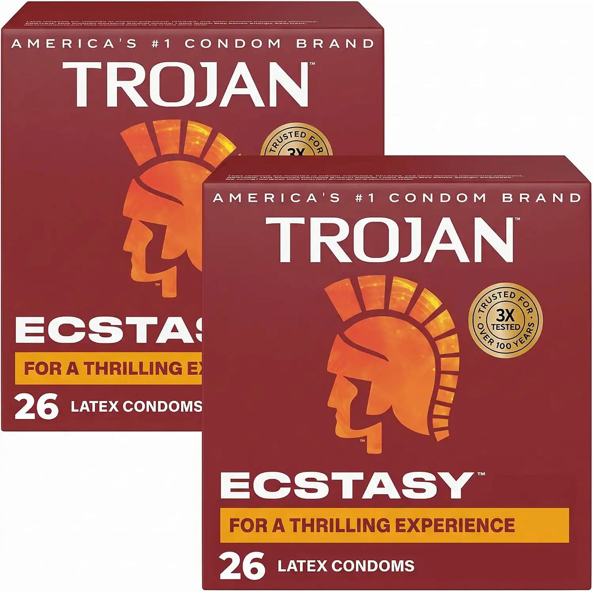 Trojan Ecstasy Lubricated Latex Condoms for Men,Premium Lubricant,Ribbed Texture,Bulbous Shape,Premium Latex to Help Reduce Risk of Pregnancy and Sexually Transmitted Infections,26 Count,(Pack of 2)