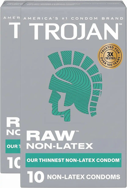 Trojan Raw Non-Latex Lubricated Thin Condoms for Men, America’s Thinnest Latex-Free Condoms, Pure Feel Technology, Made from Polyurethane, Helps Reduce Risk of Pregnancy and STIs, 10 Count (Pack of 2)