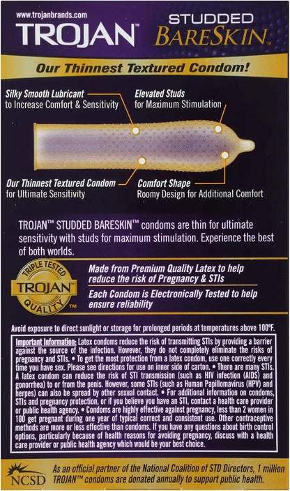 Trojan Studded Bareskin Lubricated Condoms - 10 Count (Pack of 3)