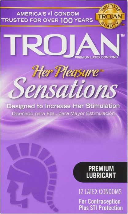 Trojan Her Pleasure Latex Lubricated Condoms, Ribbed for Stimulating Experience, Bulbous Shape for Roomier Fit,Helps Reduce Risk of Pregnancy Sexually Transmitted Infections (STIs),12 Count(Pack of 3)