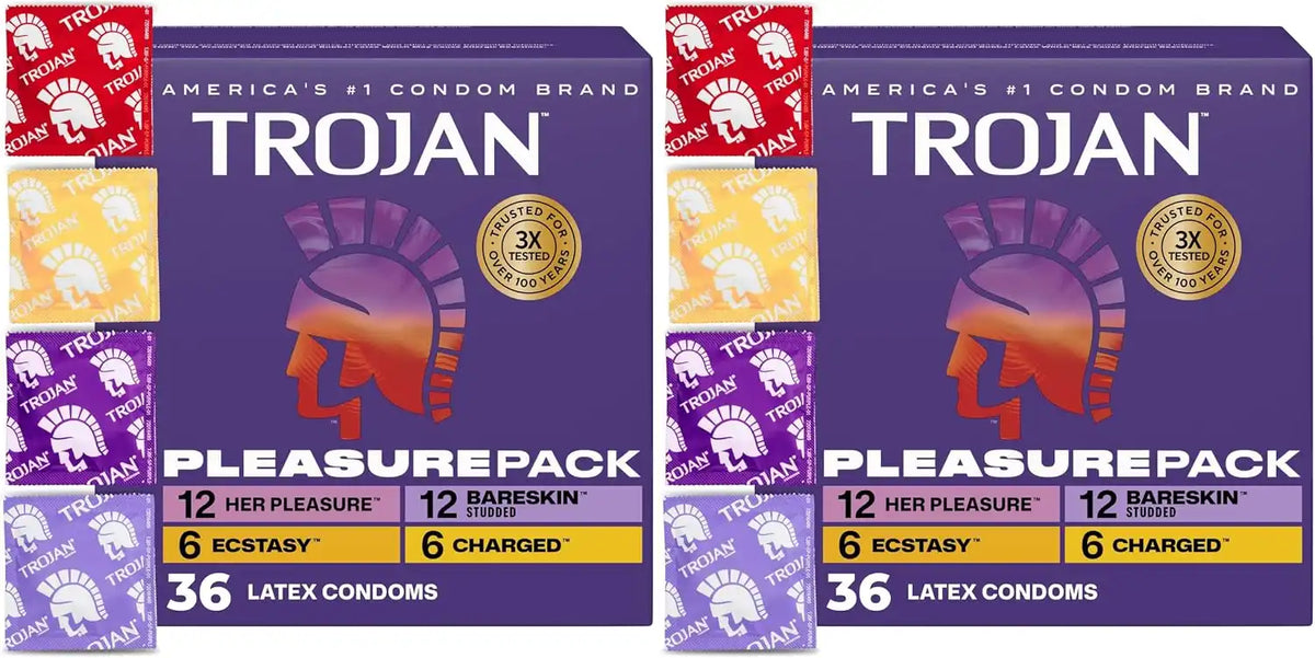 Trojan Pleasure Pack, Assorted Latex Lubricated Condoms for Men, Her Pleasure, Bareskin Studded, Ecstasy & Charged Varieties, Condom Variety Pack 36 Count (Pack of 2)