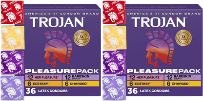 Trojan Pleasure Pack, Assorted Latex Lubricated Condoms for Men, Her Pleasure, Bareskin Studded, Ecstasy & Charged Varieties, Condom Variety Pack 36 Count (Pack of 2)
