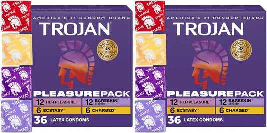 Trojan Pleasure Pack, Assorted Latex Lubricated Condoms for Men, Her Pleasure, Bareskin Studded, Ecstasy & Charged Varieties, Condom Variety Pack 36 Count (Pack of 2)