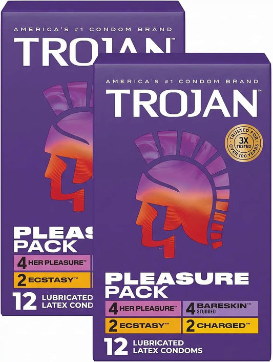 Trojan Pleasure Pack, Assorted Latex Lubricated Condoms for Men, Her Pleasure, Bareskin Studded, Ecstasy & Charged Varieties, 12 Count (Pack of 2)